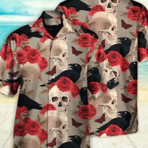 Skull With Rose Flower And Raven Gothic Style, Gift For Summer, Gifts For Bachelor Party, Hawaiian Set Gift, KLA Shirt, Funny Hawaiian.