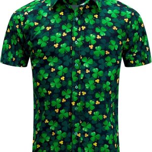 St Patrick’s Day Hawaiian Shirt for Men Irish Clover Printed Casual Short Sleeve Button Up Festive Holiday Party