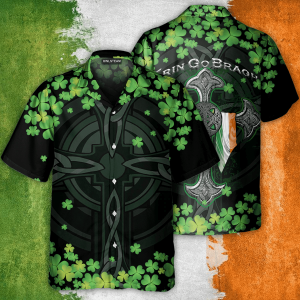 St Patricks Day Irish Erin Go Bragh American Flag Clover Short Sleeve Hawaiian Shirt