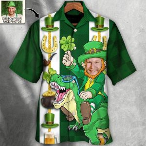 St Patrick’s Day Leprechaun Riding Dinosaur Funny Custom Photo Personalized Hawaiian Shirt
