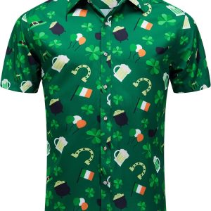 St Patrick’s Day Mens Casual Hawaiian Shirt Irish Clover Printed Short Sleeve Button Up