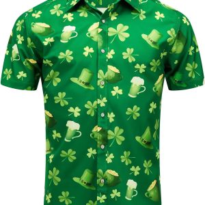 St Patrick’s Day Mens Hawaiian Shirt Irish Clover Print For Holiday Party Green Outfit Shirt