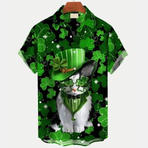 St. Patrick’s Day Cat Print Men’s Trendy Hawaiian Shirt, Trendy Hawaiian Shirt For Men And Women
