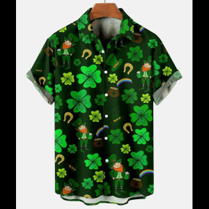 St. Patrick’s Day Clover Rainbow Casual Men’s Large Short Sleeve Shirt