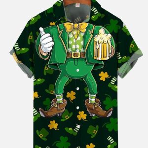 St. Patrick’s Day Goblin Leprechaun Costume With Beer Printing Men’s Short Sleeve KLA Hawaiian Shirt