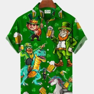 St. Patrick’s Day Green Shamrock Dinosaur Fun Print Trendy Hawaiian Shirt Plus Size Vacation Shirt