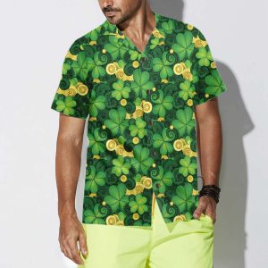 St. Patrick’s Day Hawaiian Shirt, Green Shamrock Print, Celebrating St. Paddy’s Day Shirt Casual Beach Vacation