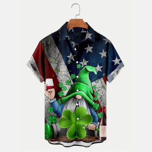 St. Patrick’s Gnome Shamrock American Flag Print Men’s Trendy Hawaiian Shirt