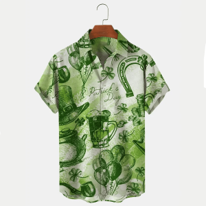 St. Patrick’s Men’s Trendy Hawaiian Shirts Clover Oversized Stretch Easy Care KLA Shirts, St. Patrick’s Day Gifts