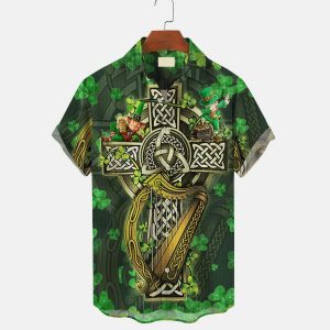 St. Patrick’s Men’s Trendy Hawaiian Shirts Viking Jesus Cross Art Stretch KLA Shirts