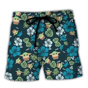 Starwars The Mandalorian Grogu Baby Yoda Leaves Trendy KLA Hawaiian Beach Shorts