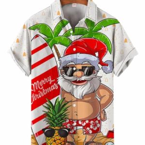 Summer Sunbathing Santa Caus Printing Men’s Shirt, Trendy Hawaiian Shirt For Men