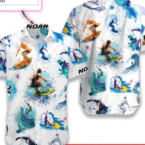 Surfing Art Water Color Custom Name Trendy Hawaiian Shirt, Custom Name Trendy Hawaiian Shirt, Customize Short Sleeve Shirts, Gifts For Bachelor Party.