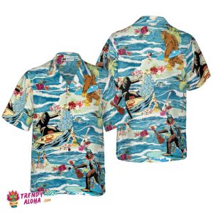 Surfing Bigfoot KLA Vacation Bigfoot Hawaiian Shirt, Tropical Ocean Wave Vintage Bigfoot Shirt For Men