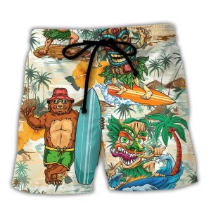 Surfing Funny Bear And Tiki Ride The Wave Follow The Sun Lovers Surfing Trendy KLA Hawaiian Beach Shorts