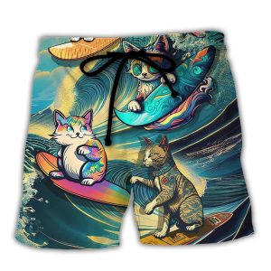 Surfing Funny Cat Just One More Wave I Promise Lover Surfing Trendy KLA Hawaiian Beach Shorts