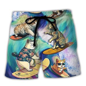Surfing Funny Cat May The Surf Be With You Lover Surfing Trendy KLA Hawaiian Beach Shorts