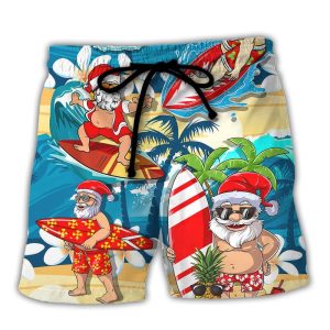Surfing Funny Santa Mele Kalikimaka Christmas In July Surfing Lovers Trendy KLA Hawaiian Beach Shorts