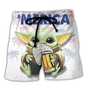 Sw Baby Yoda With Beer Trendy KLA Hawaiian Beach Shorts