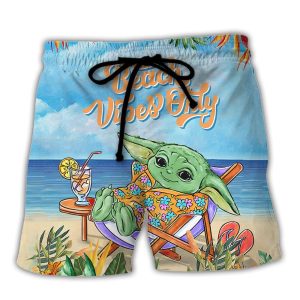 Sw Cartoon Baby Yoda Beach Vibes Only Trendy KLA Hawaiian Beach Shorts