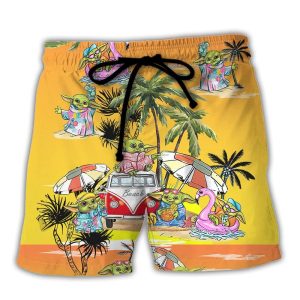 Sw Disney Baby Yoda Orange Trendy KLA Hawaiian Beach Shorts