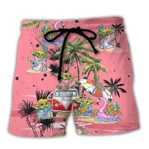 Sw Disney Baby Yoda Pink Trendy KLA Hawaiian Beach Shorts