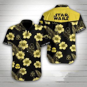 Sw Hawaiian Shirt Darth Vader Chewbacca Stormtrooper Heads Silhouette Pattern Black Yellow Hawaii KLA Shirt