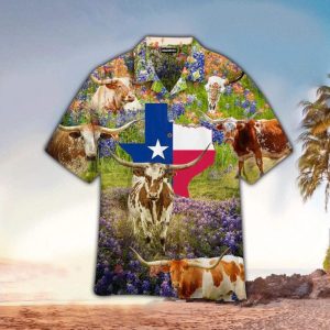 Texas Cow amidst Bluebonnets Hawaiian Shirt for Nature Lovers