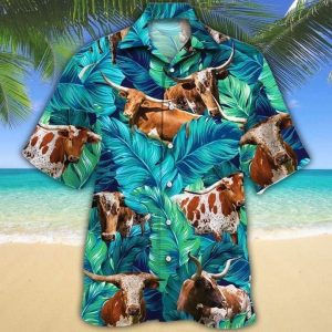 Texas Longhorn Green Themed Hawaiian Shirt for Cow Lovers