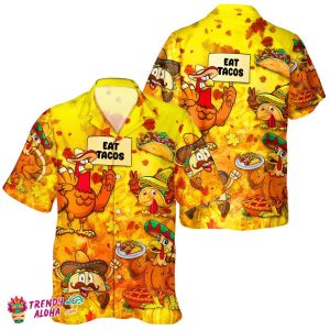 Thanksgiving Unisex Hawaiian Turkey Lover Shirt with Autumn Leaves