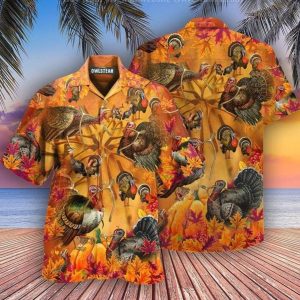 Thanksgiving’s Orange Hue with Turkeys on Hawaiian Shirt