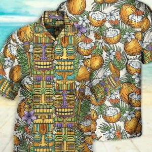 Tiki Tradition Tribal Mask And Coconut Tropical, Gift For Summer, Gifts For Bachelor Party, Hawaiian Set Gift, Funny Trendy Hawaiian Shirt.