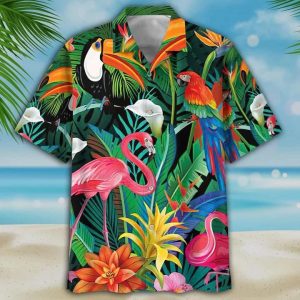 Toucan And Flamingo Ornamental Trendy Hawaiian Shirt, Flamingo Flower Hawaii Shirt