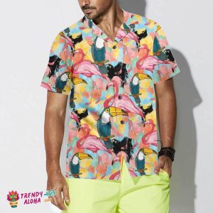 Toucans And Flamingos Exotic Floral Hawaiian Shirt, Tropical Toucan Shirt For Adults, Cool Toucan Print Shirt