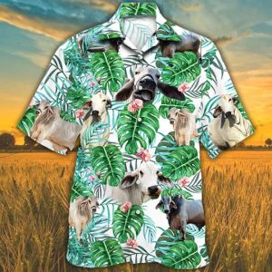 Trendy Hawaiian Shirt For Men, Brahman Cattle Lovers Tropical Plant Trendy Hawaiian Shirt, Cow Trendy Hawaiian Shirt