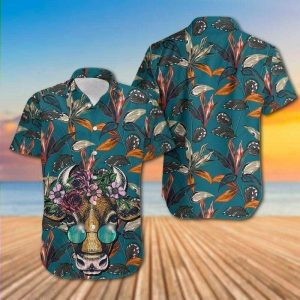 Tropical Cow Floral Design on Hawaiian Shirt