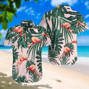 Tropical Flamingo Trendy Hawaiian Shirt, Flamingo Short Sleeve Hawaiian KLA Shirt, Flamingo Trendy Hawaiian Shirt For Men, Women