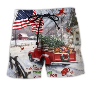 Truck All Hearts Come Home For Christmas With Cardinal Trendy KLA Hawaiian Beach Shorts