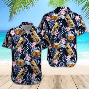 Tuba Beer Summer Cool Leaf Trendy Hawaiian Shirt, Regular Slim Fit Short Sleeve Casual Full Print Shirt