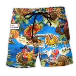 Turkey So Happy Thanksgiving Trendy KLA Hawaiian Beach Shorts