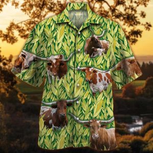Tx Longhorn Cattle Lovers Corn Pattern Trendy Hawaiian Shirt, Cow Lovers Short Sleeve Hawaiian KLA Shirt