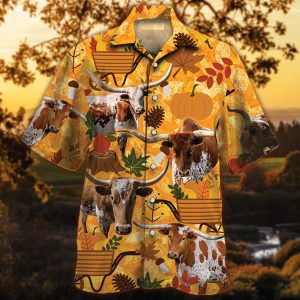 Tx Longhorn Cattle Lovers Orange Nature Autumn Trendy Hawaiian Shirt, Cow Trendy Hawaiian Shirt For Summer Gifts
