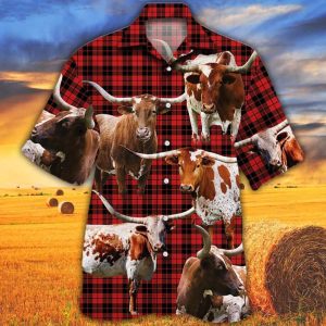 Tx Longhorn Cattle Lovers Red Tartan Pattern Trendy Hawaiian Shirt, Cow Trendy Hawaiian Shirt For Summer Gifts