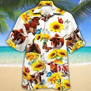 Tx Longhorn Cattle Lovers Sun Flower Trendy Hawaiian Shirt, Cow Trendy Hawaiian Shirt For Summer Gifts