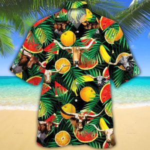 Tx Longhorn Cattle Lovers Tropical Fruits Trendy Hawaiian Shirt, Cow Trendy Hawaiian Shirt For Summer Gifts