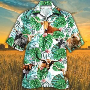 Tx Longhorn Cattle Lovers Tropical Plant Trendy Hawaiian Shirt, Cow Trendy Hawaiian Shirt,
