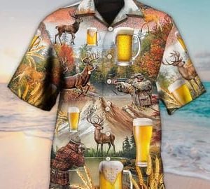Unisex 3D Beer And Hunting Deer Autumn Mountain Trendy Hawaiian Shirt For Men, KLA Trendy Hawaiian Shirt Short Sleeve Hawaiian