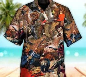 Unisex 3D Hunting Bear Cow Boy Cool Art Style Trendy Hawaiian Shirt For Men, KLA Trendy Hawaiian Shirt Short Sleeve Hawaiian