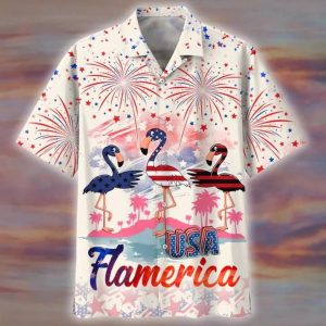 Usa Flamerica Trendy Hawaiian Shirt For 4Th Of Jul, Summer Flamingo KLA Beach Shirt For Men And Womens, Unisex Trendy Hawaiian Shirt
