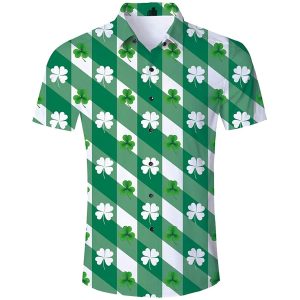 Vintage Clover St Patrick’s Day Hawaiian Shirt Retro Irish Holiday Themed Green Shamrock Print